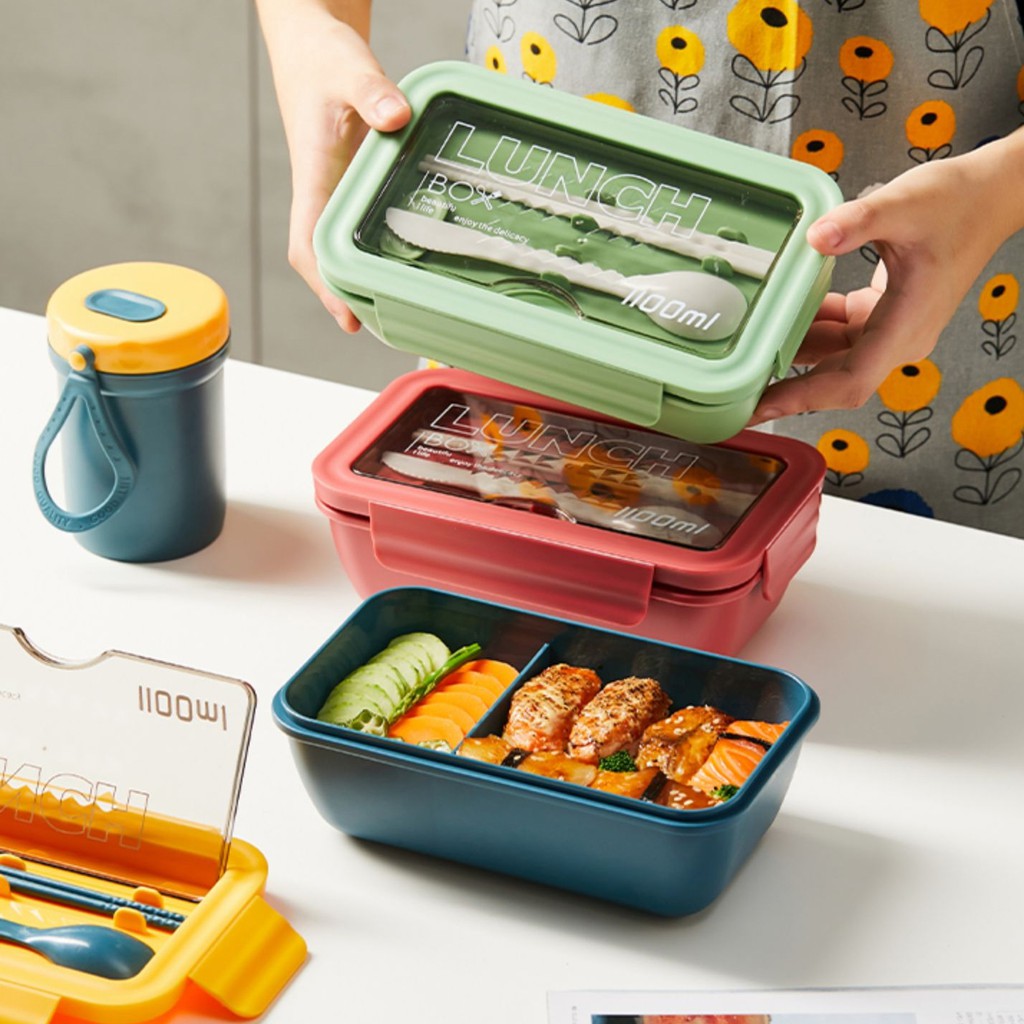 Hộp đựng cơm LUNCH BOX 1100ml, Hộp cơm 2 ngăn kèm đũa thìa cao cấp