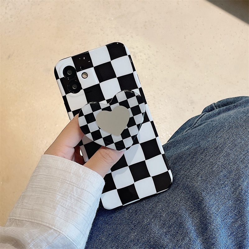 Ốp điện thoại TPU mềm kẻ sọc caro trắng đen có giá đỡ gương hình trái tim cho iPhone 12ProMax 12Pro 12 Max 11Pro 11 XS Max XR XS X 7Plus