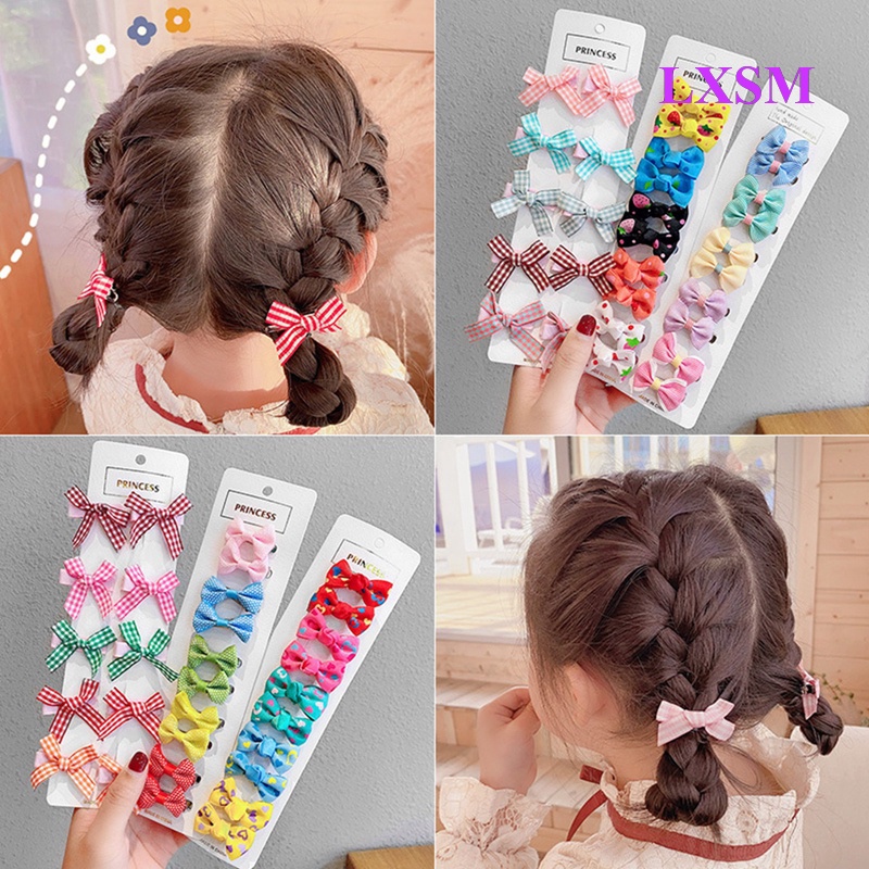 Set 10 Kẹp Tóc Nơ Họa Tiết Chấm Bi / Hoa Dễ Thương Dành Cho Bé Gái
