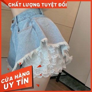 Quần short Jeans Xanh Rộng Xoè Kèm Lớp Tùng Ren Trắng Xinh