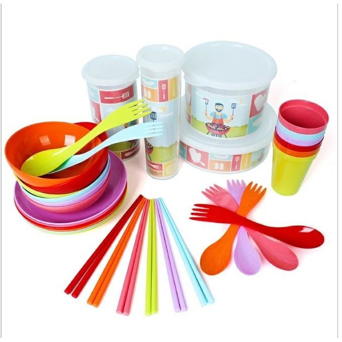 Bộ 34 món gồm chén đĩa muỗng nĩa nhựa cắm trại có hộp đựng riêng cực tiện dụng vệ sinh - nhiều màu
