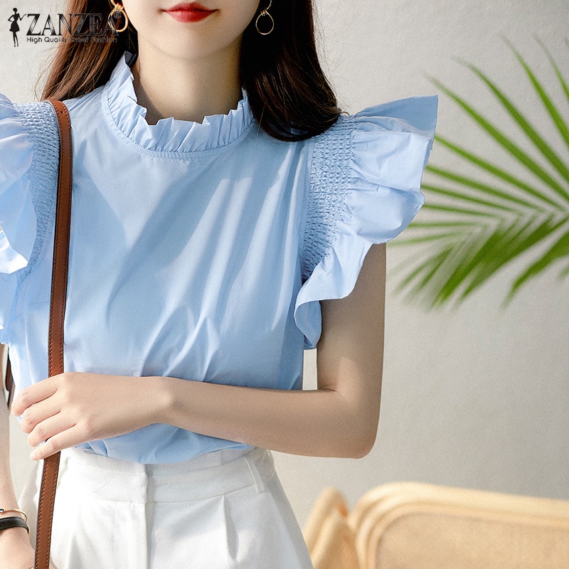 ZANZEA Áo Kiểu Cổ Tròn Tay Loe Cài Nút Sau Lưng Thời Trang Phong Cách Hàn Quốc Cho Nữ