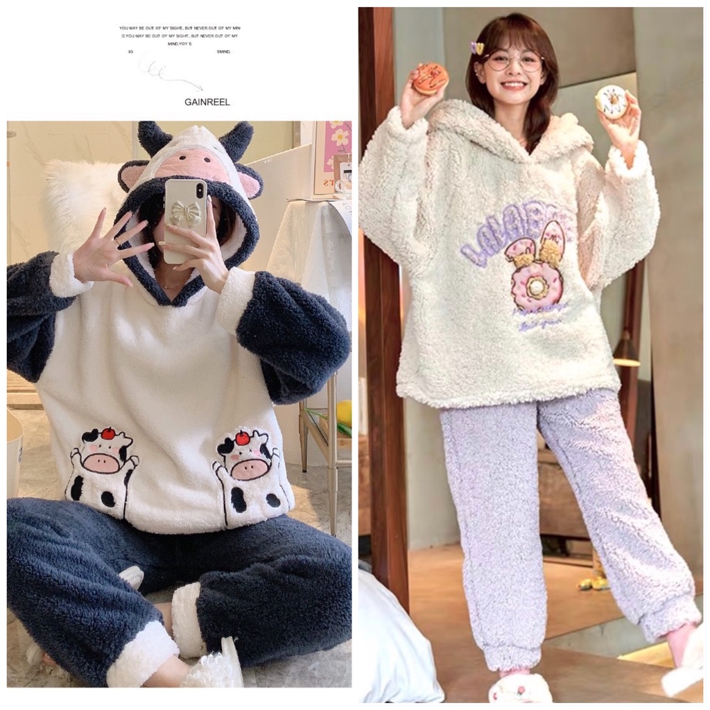 Bộ ngủ lông mũ bò sữa đen trăng/ Bộ ngủ lông mũ thỏ tím xinh xắn/ Bộ ngủ lông mũ nữ ấm áp mùa đông | BigBuy360 - bigbuy360.vn