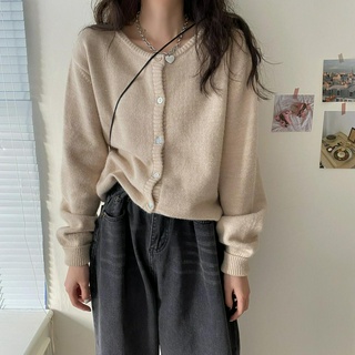 Áo khoác cardigan dệt kim màu trơn cổ tròn dài tay đơn giản cho nữ 37218