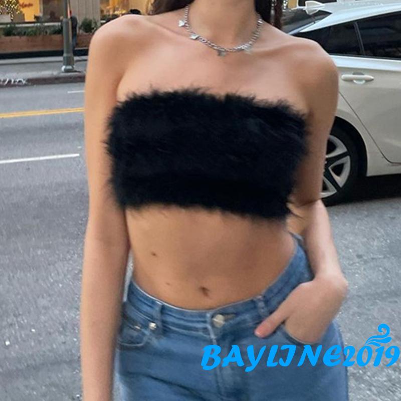 Áo Ống Màu Trơn Phối Lông Có Khóa Kéo Sau Lưng Dành Cho Nữ Đi Tiệc Tùng