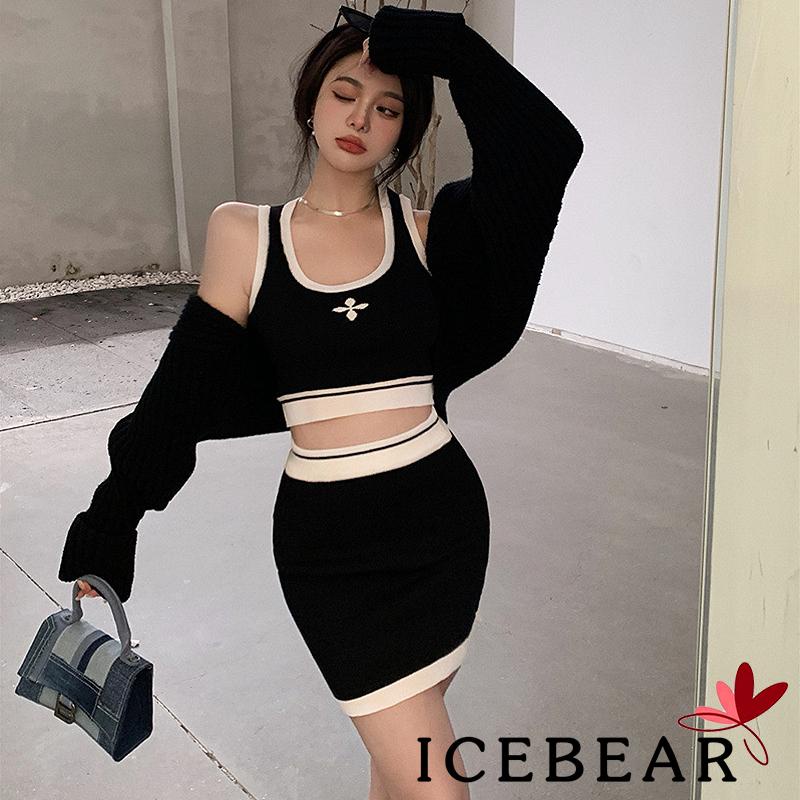 Set Đồ 2 Món Gồm Áo Dệt Kim Không Tay Cổ Chữ U + Chân Váy Ngắn Lưng Cao Màu Sắc Tương Phản Cho Nữ