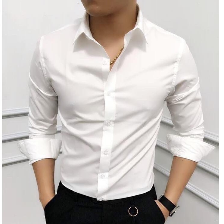 Áo sơ mi nam dài tay dáng ôm sơ cổ bẻ vải lụa thái chống nhăn chống xù - SML