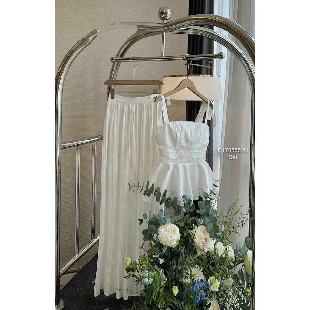 Set áo 2 dây peplum viền ren phối quần ống suông