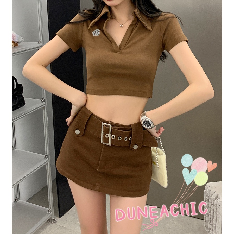 DUNEA Set Áo polo Ngắn Tay Và Chân Váy Lưng Cao Vintage Cho Nữ