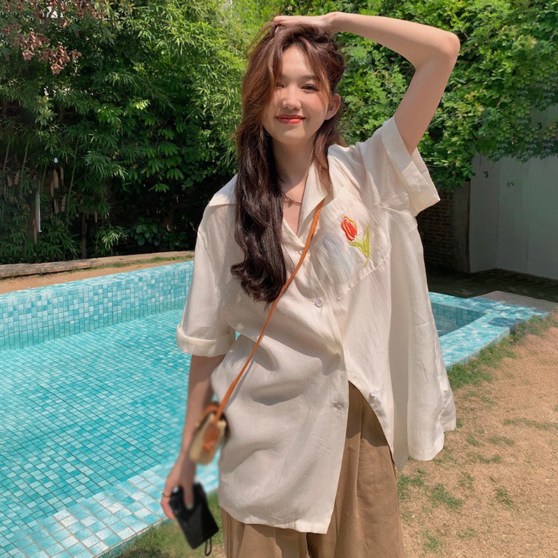 Áo Sơ Mi Ngắn Tay Dáng Rộng Thêu Hoa Hồng Phong Cách Retro Thời Trang Mùa Hè Dành Cho Nữ