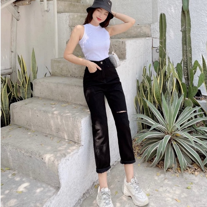 Quần Baggy Jean Nữ  Rách Gối Cạp Cao Màu Đen Ôm Eo, Ống đứng Che Khuyết Điểm Thương Hiệu Goong | BigBuy360 - bigbuy360.vn