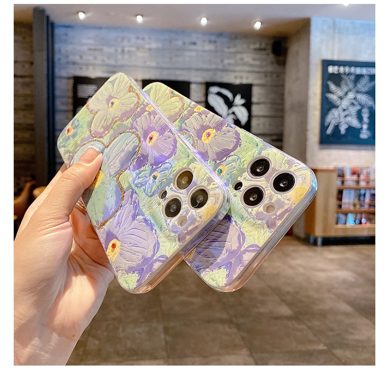 Ốp Điện Thoại Silicon Mềm Họa Tiết Tranh Sơn Dầu Hình Hoa Tím Cho Iphone 11 12 12promax X 7