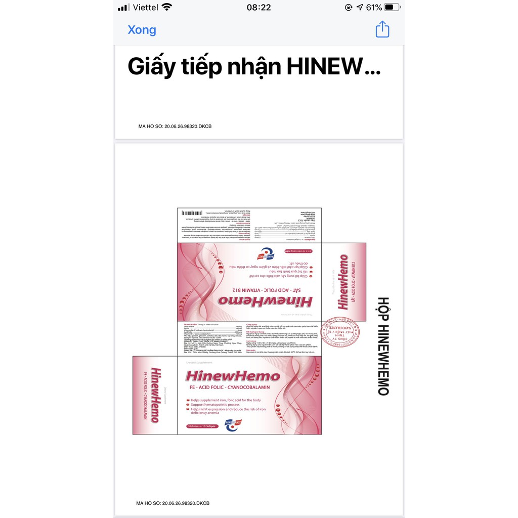 HINEWHEMO - bổ sung sắt và Acid Folic hộp 30 viên