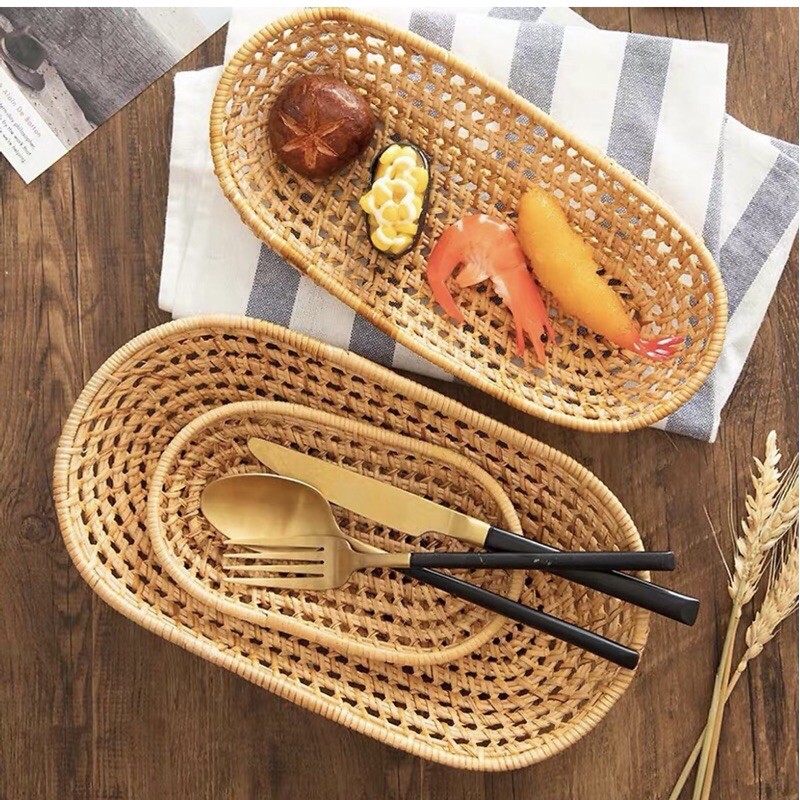 Khay mây đan thưa đựng đồ ăn, bánh mỳ, lót cốc, giỏ mây mini lưu trữ giỏ trái cây và bánh kẹo trang trí bữa tiệc tối, ca
