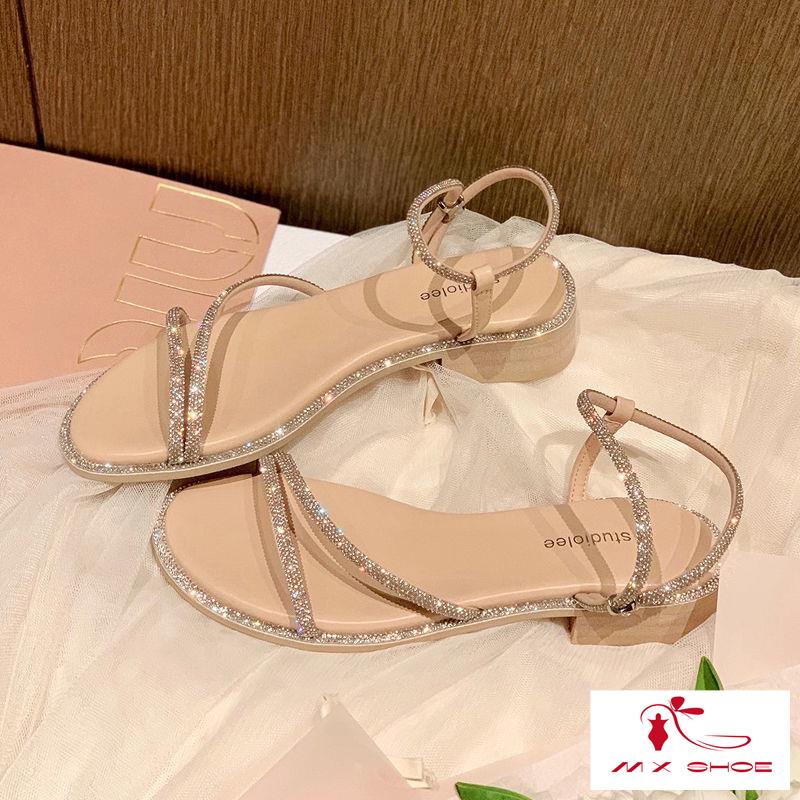 M & X~ Giày Sandal Roman Đế Bệt Dày Gót Thấp Cài Khóa Đính Đá Kim Cương Nhân Tạo Phong Cách Roman Mùa Hè Cho Nữ