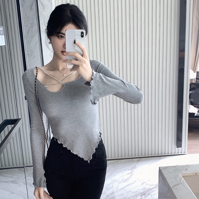 Áo Kiểu Tay Dài Xẻ Tà Vạt Nhọn Phối Dây Xích Cổ Dáng Ôm Body Chất Vải Mềm Mại Co Giãn Thoải Mái Luviecloset