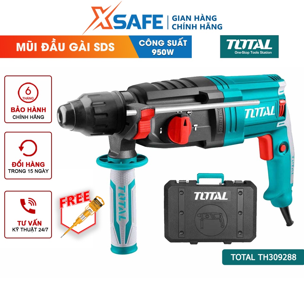Máy khoan búa cầm tay TOTAL TH309288 950W 3 chức năng đầu gài sds plus, tốc độ 1050rpm tốc độ búa 4670bpm, kèm mũi khoan