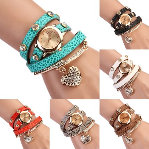 Đồng hồ dây giả da đính đá hình trái tim dành cho nữ