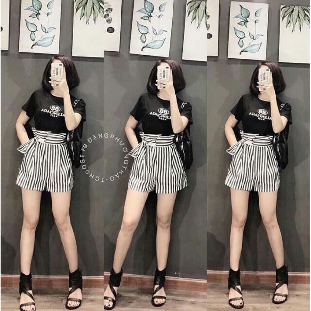 (KÈM ẢNH THẬT)Sét áo thun in chữ Bb + quần sort sọc cột nơ xinh iu ( Hàng nhập )