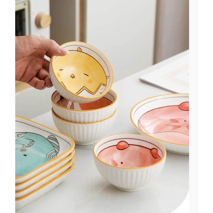 Lẻ Bộ bát đĩa sứ Mèo Lợn Voi Gà 3 món đĩa vuông tay cầm đĩa tròn bát con bát đĩa sứ ăn dặm