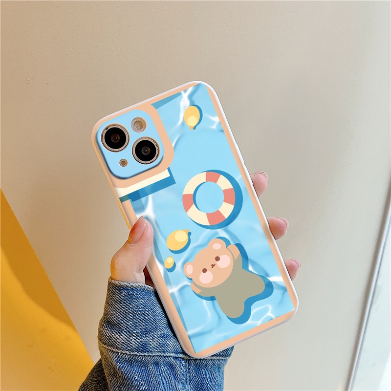 Ốp iphone hình gấu bơi mát mẻ viền nâu cho iphone 6/6plus/6s/6splus/7/7plus/8/8plus/x/xr/xs/11/12/13/pro/max/plus/promax