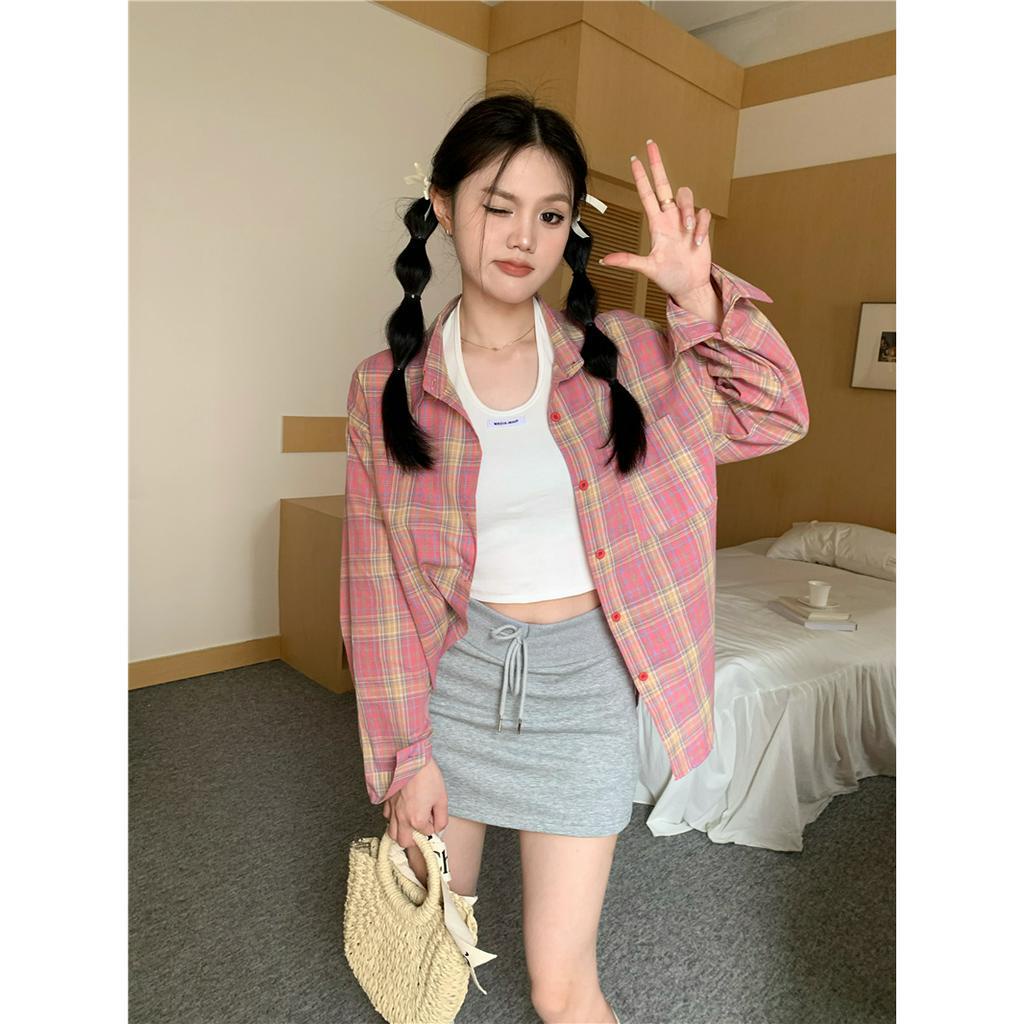 Lalisas Set Áo Sơ Mi Tay Dài Dáng Rộng Kẻ Sọc Caro + Áo Dây Treo Cổ Không Tay Cho Nữ (Đặt Hàng Riêng Biệt)