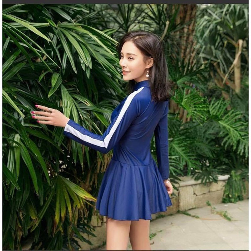 Đồ Bơi Dài Tay Chống Nắng Che Bụng Bikini Áo Tắm Liền Váy 1 Mảnh Phối Tay Viền Trắng Hàn Quốc Cực Đẹp LM014