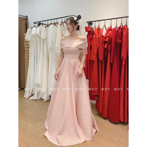 Váy cúp phi xòe xẻ bệt vai nơ đan lưng - Váy cưới thiết kế đơn giản-H316