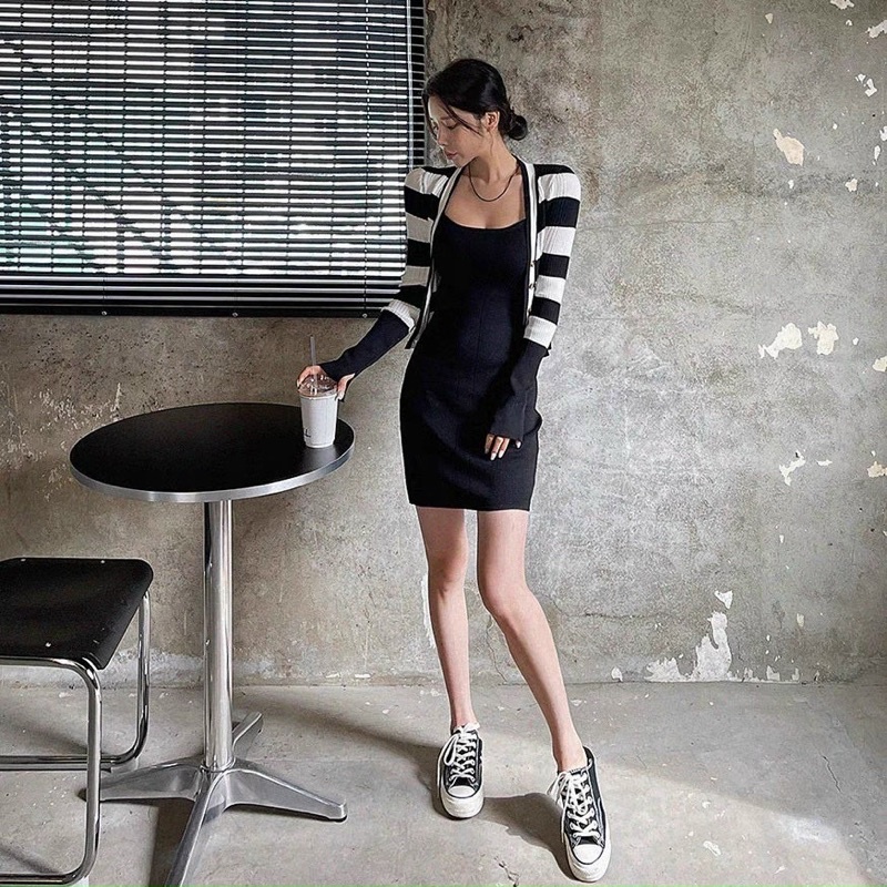 Set áo cardigan và váy len dây body Quảng châu