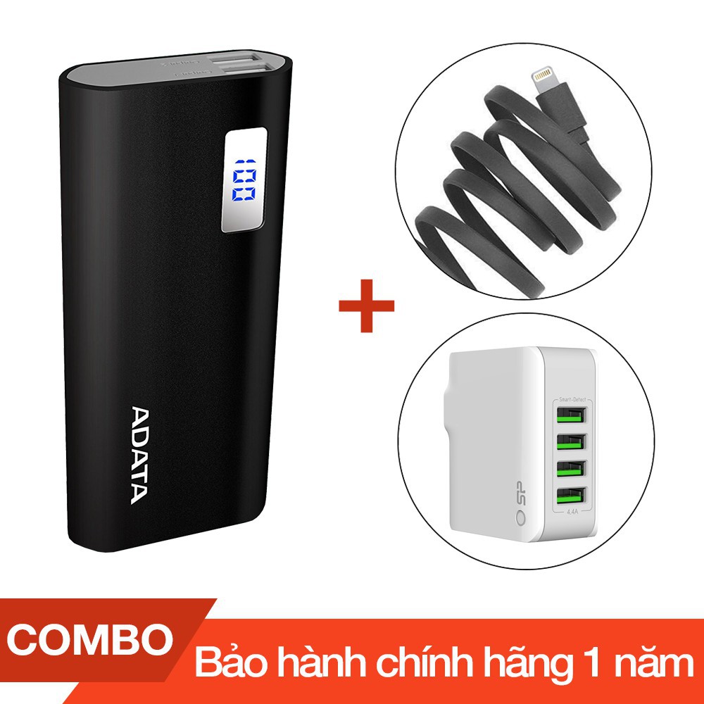 Combo Pin sạc dự phòng 12500mAh P12500D ADATA + Cáp sạc lightning Romoss dài 1m + Cốc sạc 4 cổng USB 4.4A - Chính hãng