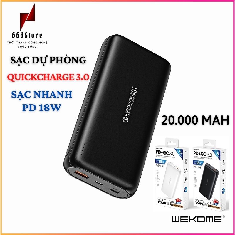 Sạc dự phòng chính hãng 18W VP-189, Chuẩn Sạc nhanh PD QC 3.0 dung lượng 10.000 - 20.000 mAH, có cổng Type-C