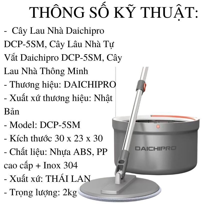 Bộ Lau Nhà Thông Minh, Tự Động Tách Nước Bẩn, Tự Động Vắt Khô, Xoay 360 độ Daichipro DCP 5SM - Hàng Chính Hãng