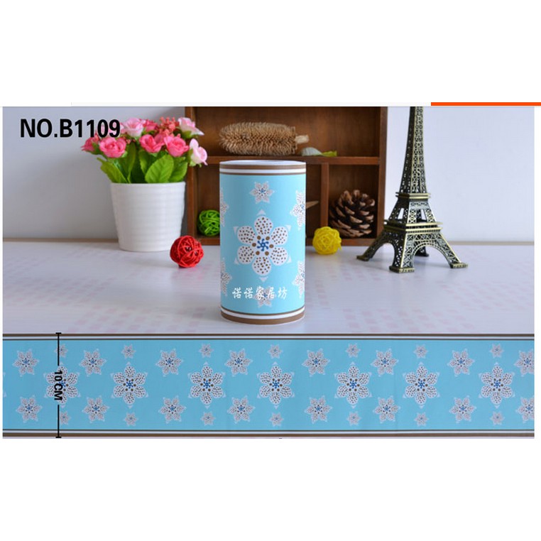Cuộn 10m len dán viền tường keo sẵn hoa sáu cánh xanh sẵn (cao 10cm)