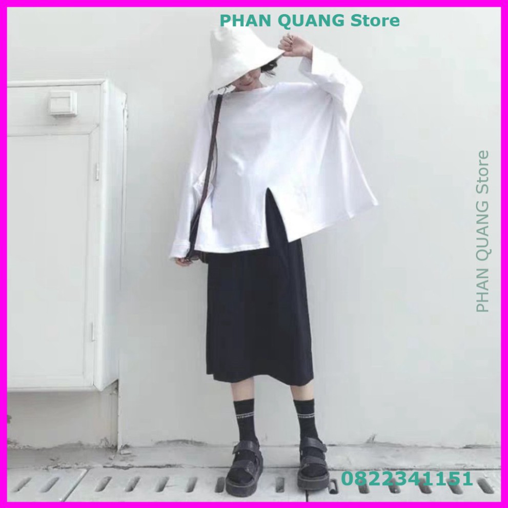 👗 ÁO THUN NỈ NỮ DÀI TAY XẺ VẠT ĐEN TRẮNG FORM RỘNG ULZZANG - (Sp sẵn) PQ-Shop