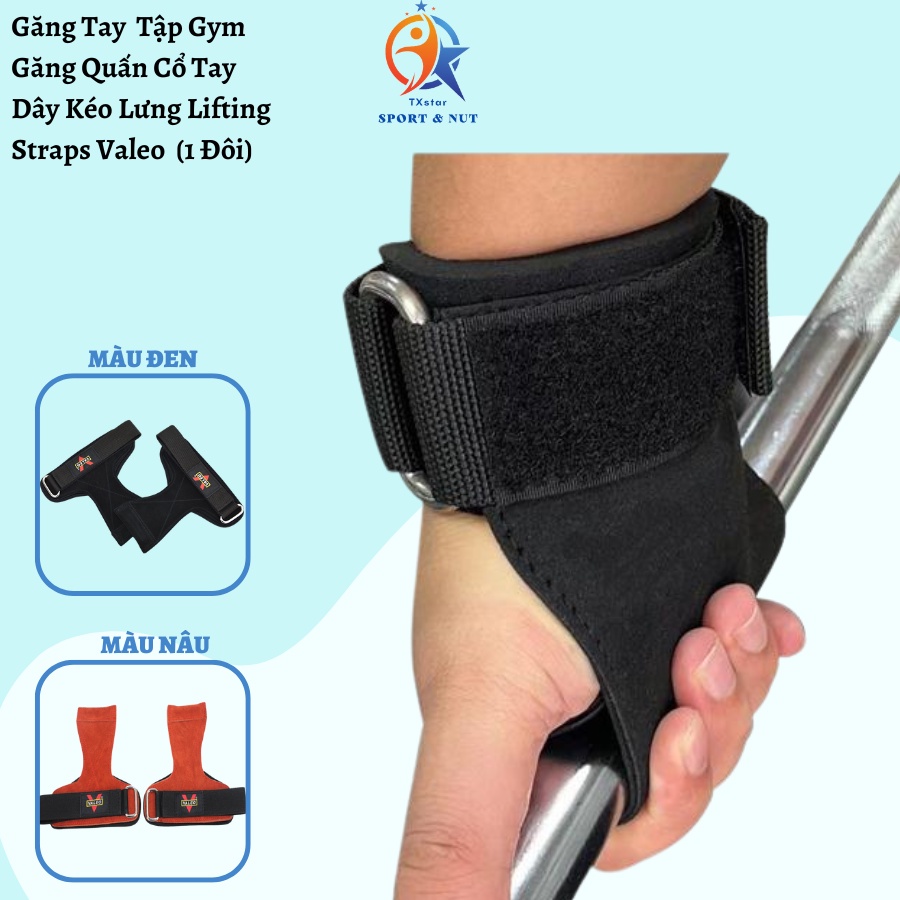 Găng tay tập Gym dây kéo lưng da bò kết hợp quấn cổ tay Valeo Lifting Straps dây kéo tạ tập deadlift thể hình gym