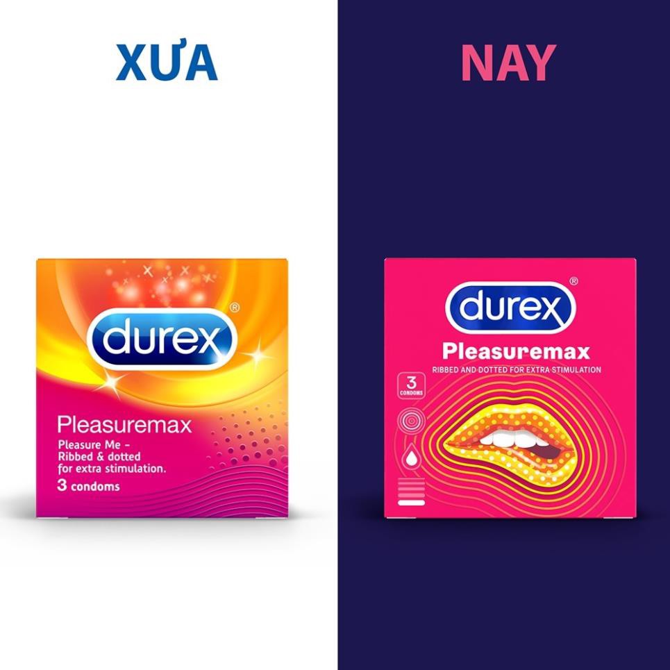 Bao cao su Durex Pleasuremax 3 bao chính hãng thiết kế siêu mỏng có gân nhiều bôi trơn [Che tên sản phẩm]