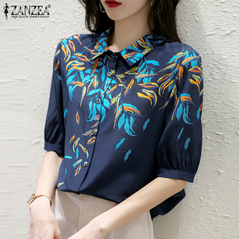 Áo sơ mi ZANZEA tay lửng cổ bẻ in họa tiết thanh lịch thời trang dành cho nữ