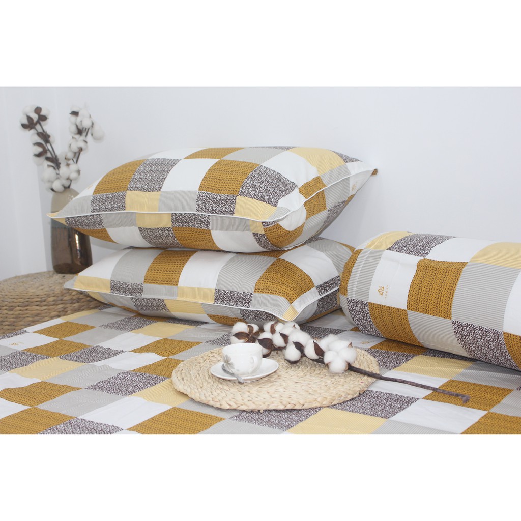 Bộ drap gối 4 món 100% cotton thiên nhiên Kha Ly-Caro Vàng Nâu
