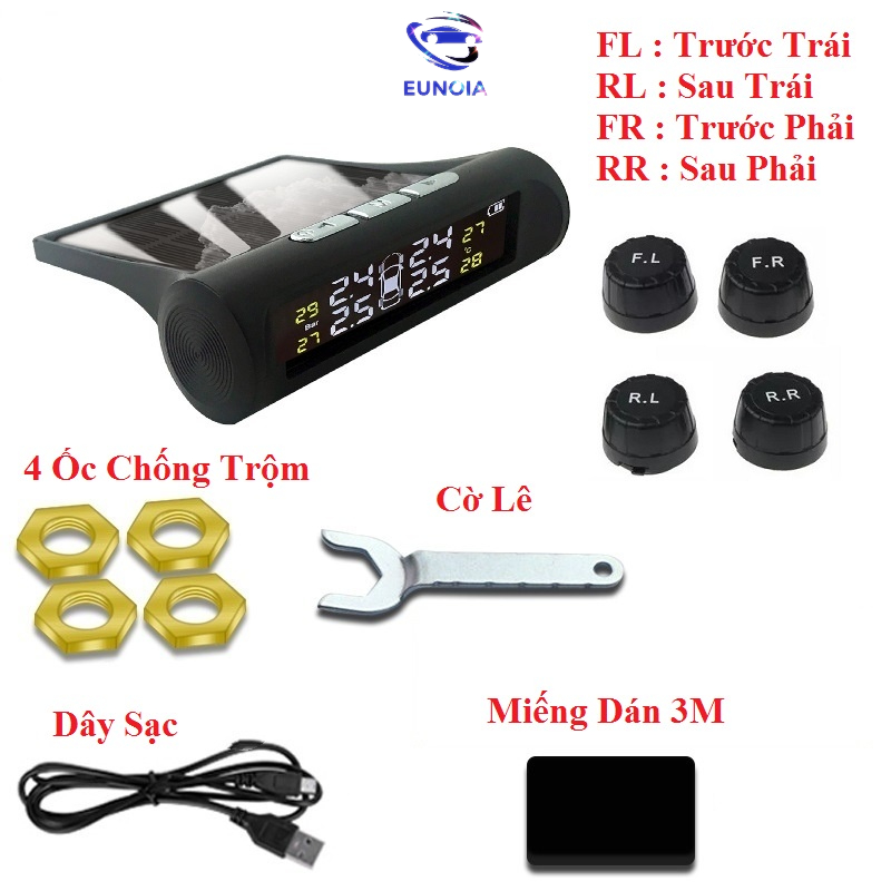Cảm biến áp suất lốp ô tô xe hơi gắn ngoài cao cấp,Cảm Biến Áp Suất Lốp TPMS, van ngoài,màn màu, Pin mặt trời
