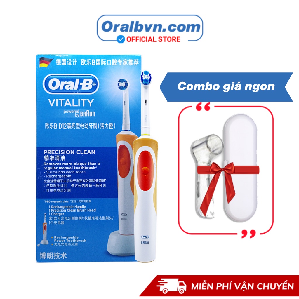 Bàn chải điện đánh răng tự động Oral-B D12 cam làm sạch răng, hạn chế viêm nướu chính hãng kèm combo quà