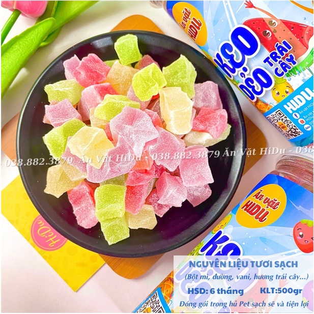 Kẹo dẻo trái cây đà lạt HiDu hủ pet 500gr thơm ngon