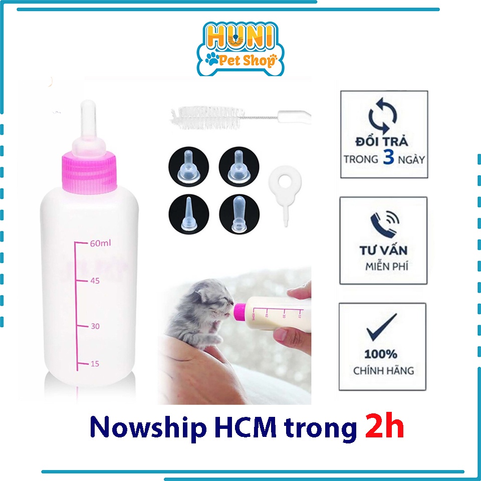 Bình sữa cho chó mèo con có kèm dụng cụ làm sạch bình uống sữa có vạch phân ml  60ml - 150ml -- Huni petshop