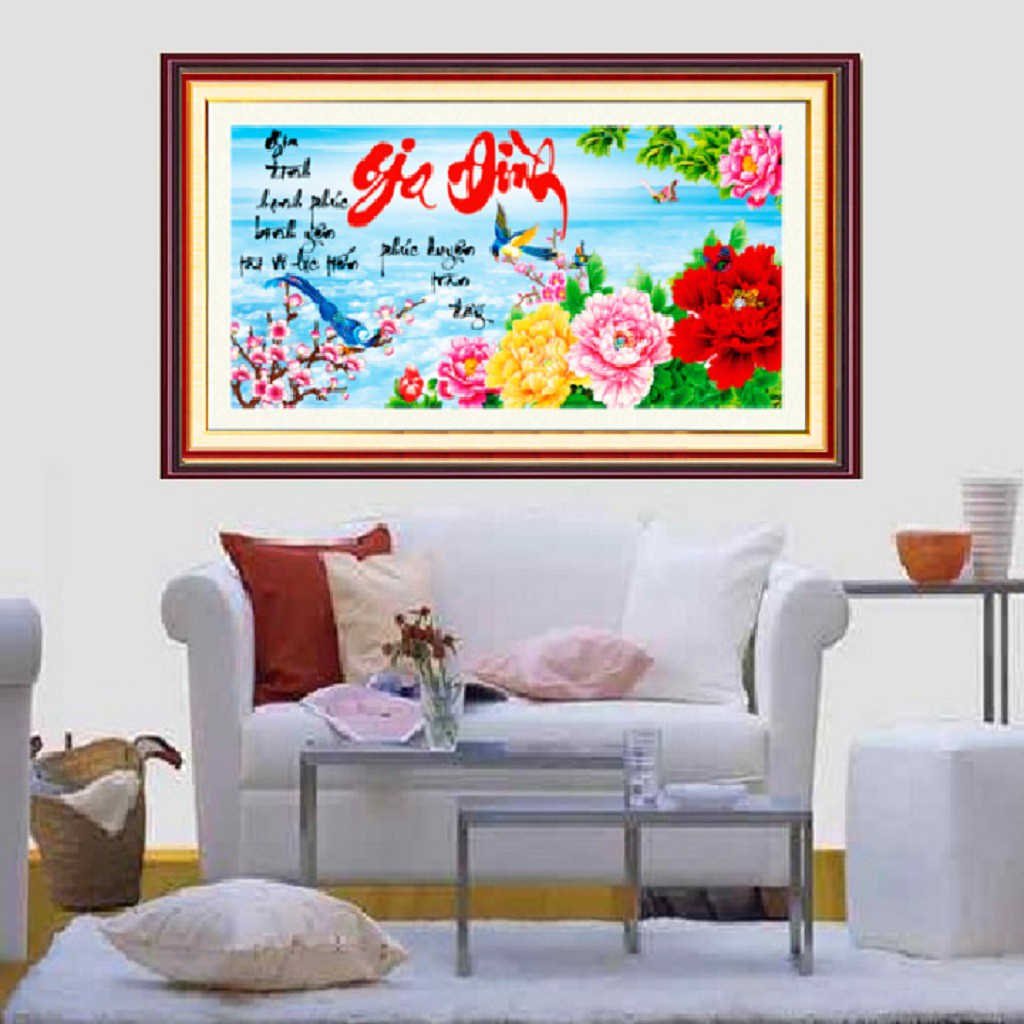Tranh thêu chữ thập gia đình KT:74x39cm,tranh chưa thêu.Tặng kéo và xỏ chỉ.