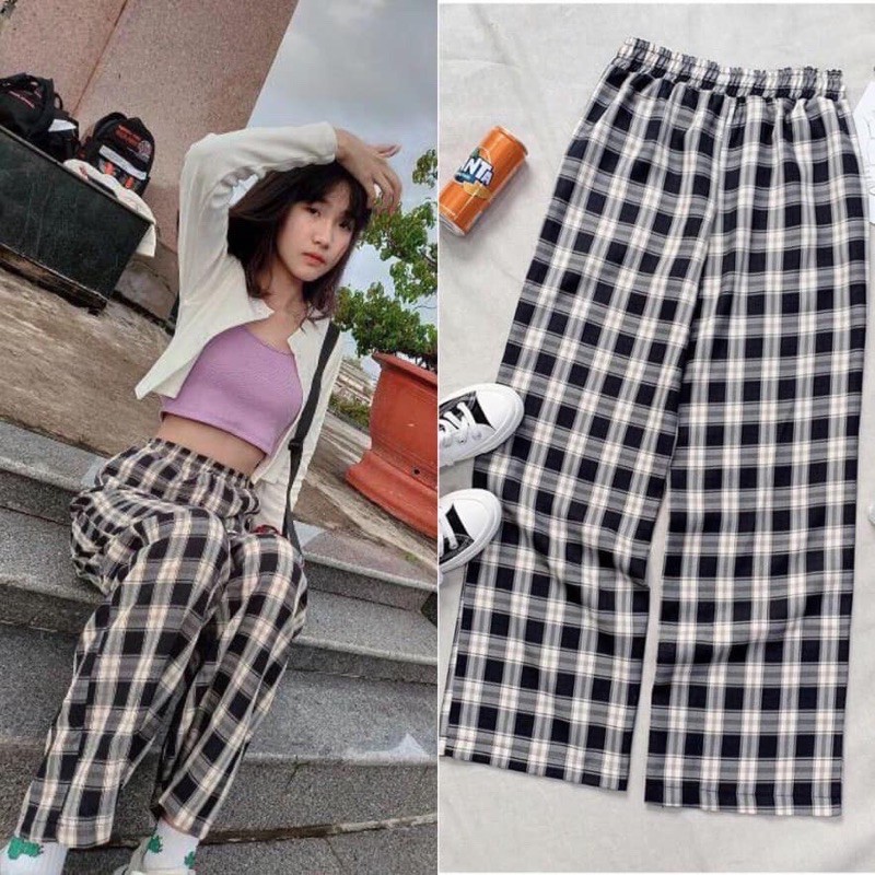 Quần kẻ CARO ống rộng siêu hot ( giao màu ngẫu nhiên )