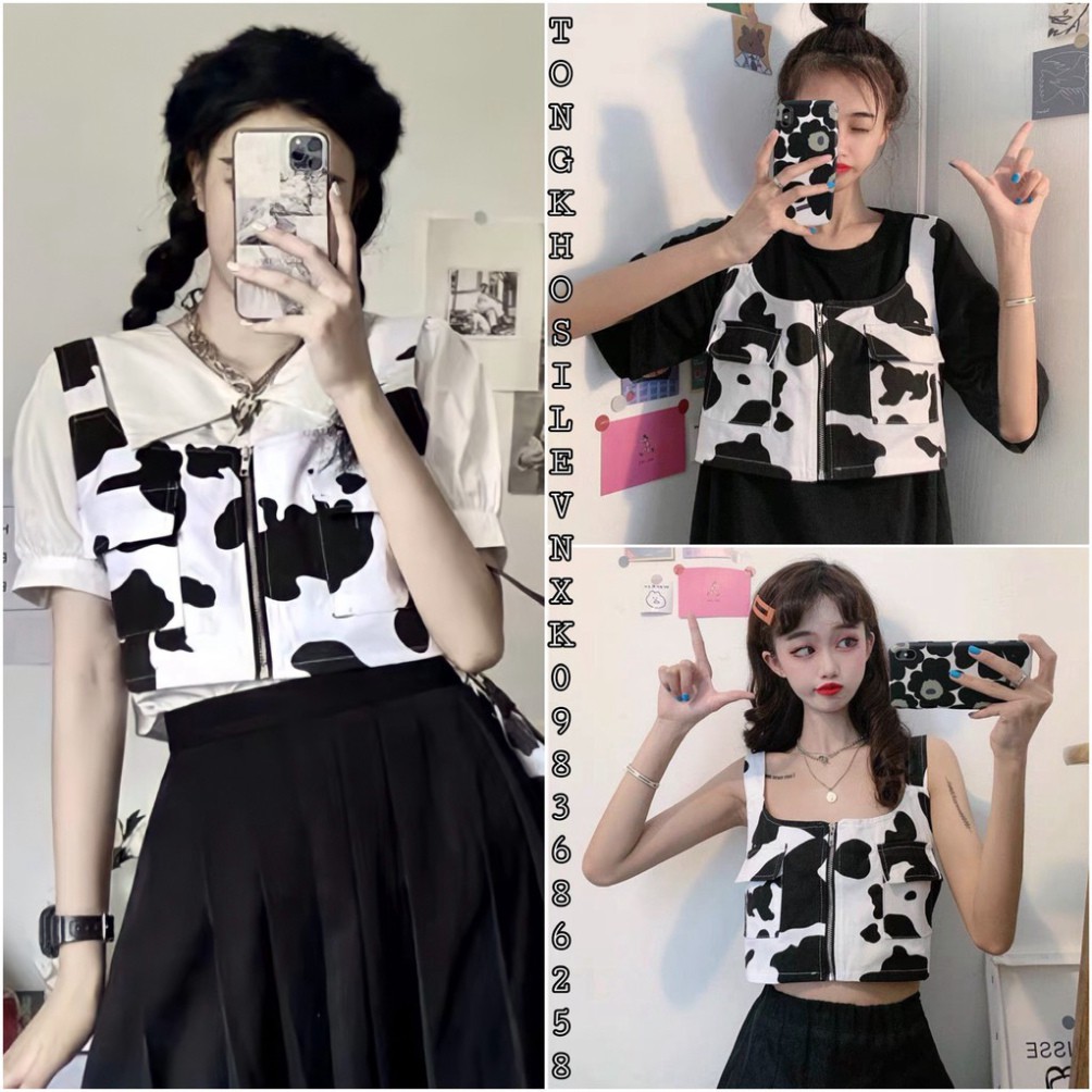 ÁO CROPTOP GILE DÁNG BA LỖ HỌA TIẾT BÒ SỮA KHÓA KÉO ULZZANG - Áo khoác gile ...