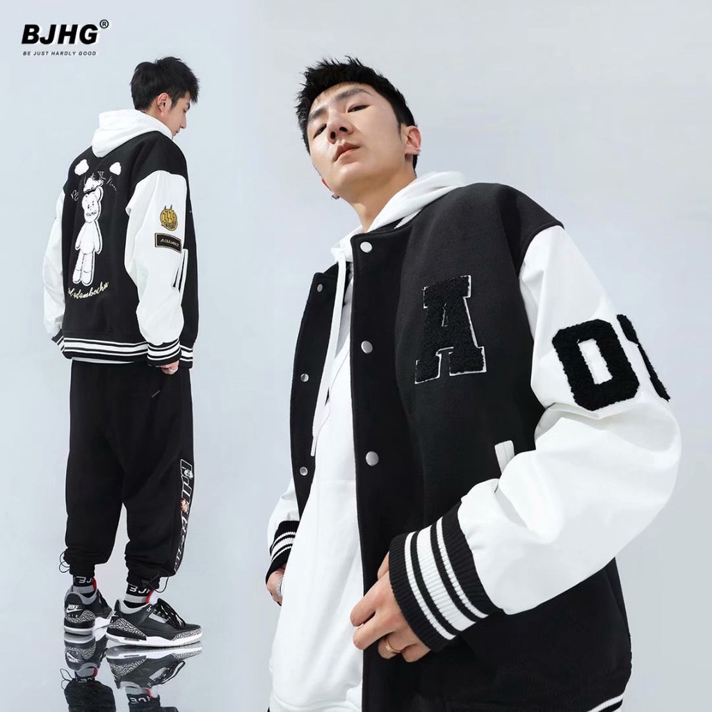 【Hàng Có Sẵn ·Áo Khoác Bóng Chày Dáng Rộng Thêu Hình Gấu Phong Cách BF Đơn Giản Thời Trang Cặp Đôi