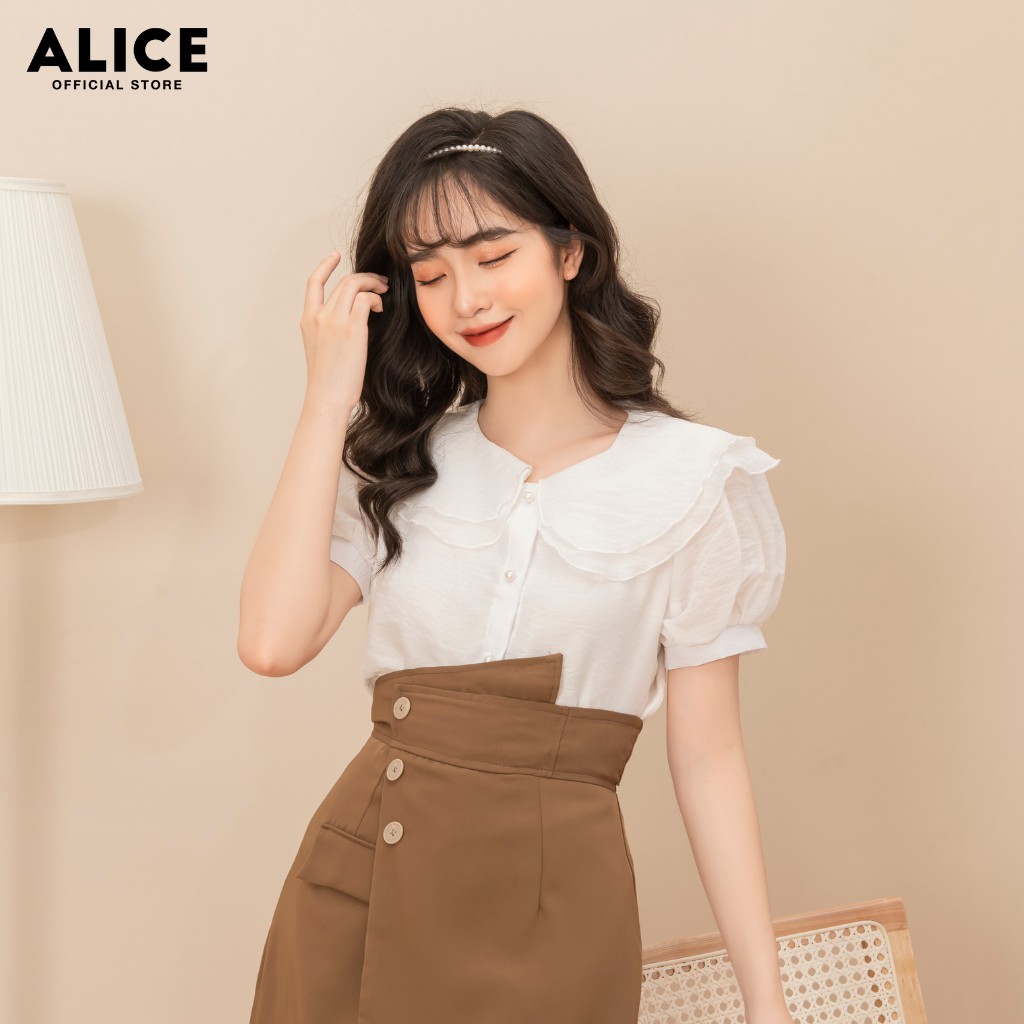 Áo Sơ Mi Trắng Nữ Cổ Bèo ALICE A204 Thiết Kế Dáng Suông Tay Bồng Ngắn Phối Cúc Ngọc