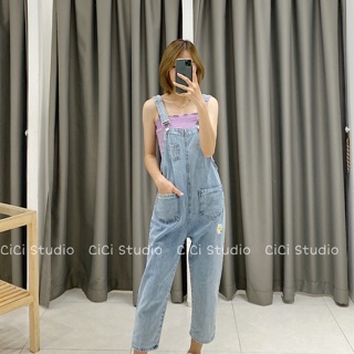 Yếm jean quần thêu hoa cúc chất jean giấy - ảnh thật