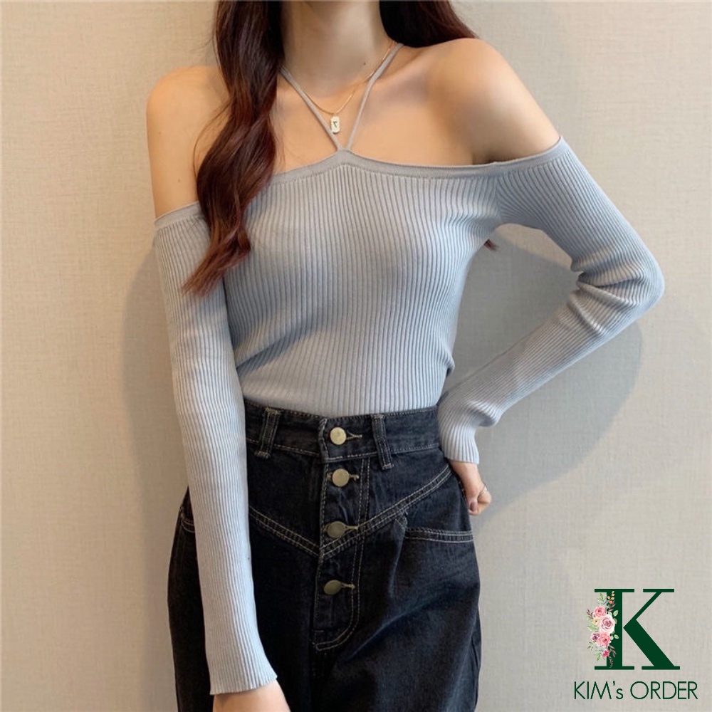 Áo len nữ cổ dây yếm màu đen trắng ghi trễ ngang vai cổ thuyền dài tay phom ôm chất đẹp co dãn đi tiệc sang chảnh
