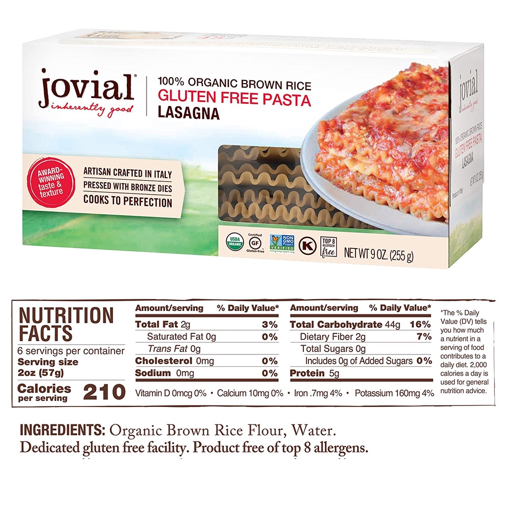 MÌ LÁ LASAGNA PASTA ĂN KIÊNG KOSHER Jovial, Gluten-Free, Whole Grain Brown Rice, Non-GMO, Lower Carb, USDA Organic, 255g